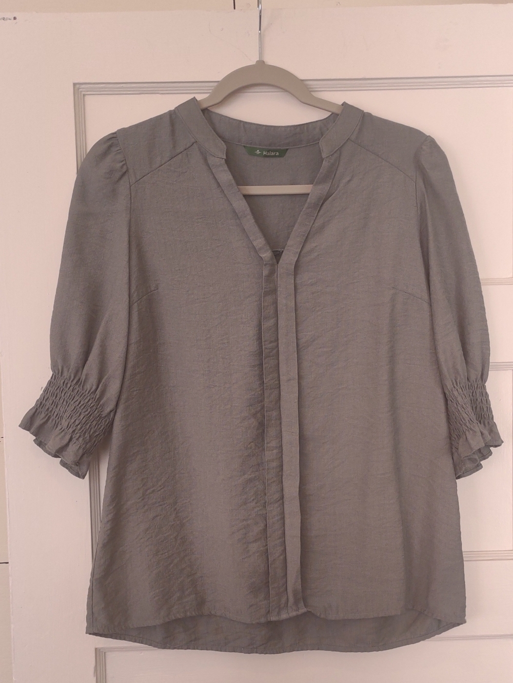 HALARA Muted Blue Split-Neck Blouse with Smocked Cuffs